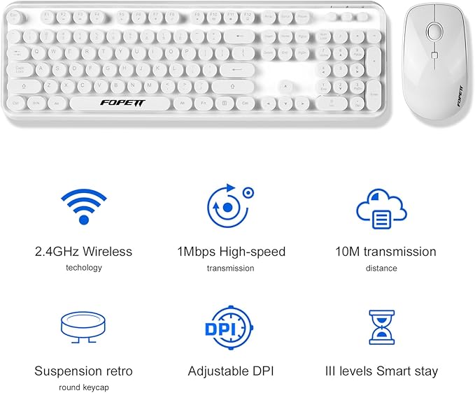 FOPETT Wireless Keyboard and Mouse Combo - 2.4G Full-Sized White Keyboard with Round Keycaps 104 Keys Typewriter Keyboard for Laptop/Windows/PC - White