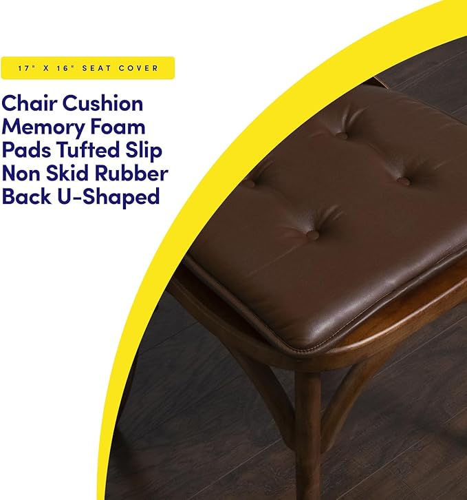 Sweet Home Collection Chair Cushion Memory Foam Pads Tufted Slip Non Skid Rubber Back U-Shaped 17" x 16" Seat Cover, 6 Pack, Faux Leather Chocolate Brown