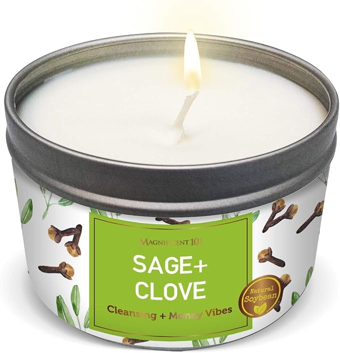 MAGNIFICENT 101 Sage & Clove Aromatherapy Candle - 6 Oz White Soy Wax - 35-Hour Burn Time - Long Lasting Sage & Energy Cleansing - Manifestation & Spiritual Decor