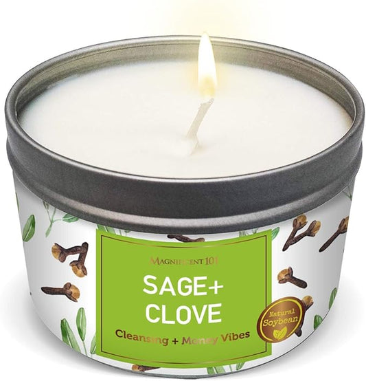 MAGNIFICENT 101 Sage & Clove Aromatherapy Candle - 6 Oz White Soy Wax - 35-Hour Burn Time - Long Lasting Sage & Energy Cleansing - Manifestation & Spiritual Decor