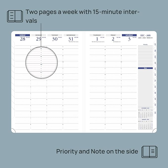 POPRUN 2026 Weekly Planner (A4 Size-8.25'' x 11.75''), 15-Minute Appointment Book (Jan 2026-Dec 2026) with Monthly Tabs, Inner Pockets, Pen Holder, PU Leather Softcover, 100GSM - Purple