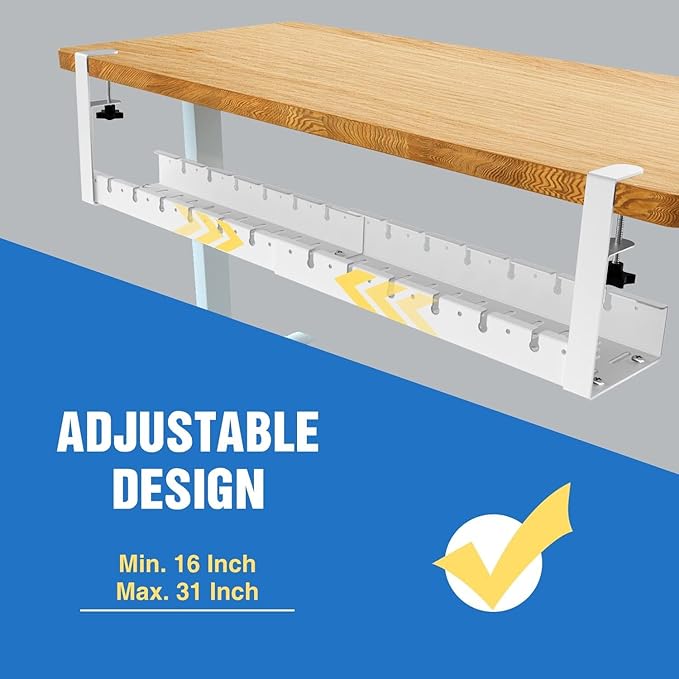 No Drilling Under Desk Cable Management, Metal Cable Management Tray Under Desk with Clamp, Retractable Power Strip Cord Holder for Wire Management 31Inch (2 Pack White)