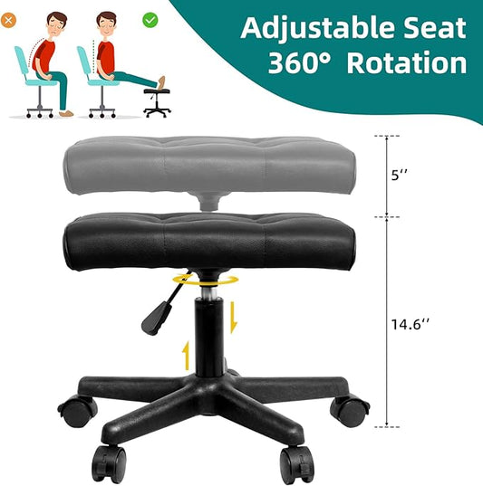 Real Leather Tall Foot Stool, Adjustable Leg Rest Ottoman Footrest with Wheels & Thick Padding, Ergonomic Footrest for Office & Gaming Chairs - Height 14.6-19.6 Inch, Lockable 360-Degree Casters