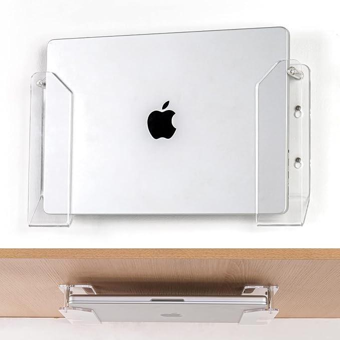 SIPRDE Wall Mount Laptop Holder - Also Available as an Under Desk Laptop Mount, Clear Acrylic, with Adhesive & Screw, for Macbooks, Surface, Keyboards, Switch, Tablets & More