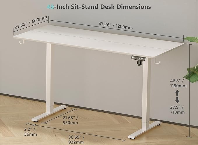 48 x 24 inch Electric Standing Desk Adjustable Height with 4 Wheels, 4 Memory Height Settings, 2 Headphone Hook, for Home Office, Splice Board White