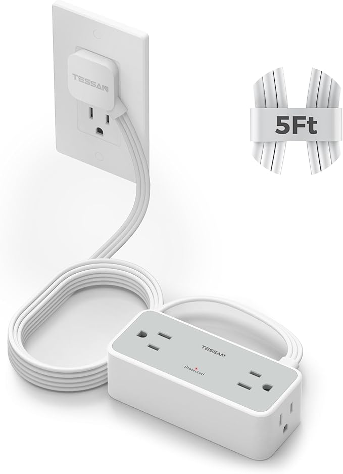 5FT Flat Extension Cord, TESSAN Surge Protector Power Strip with 4 Widely Spaced AC Outlets, 900 Joules Surge Protection, Ultra-Thin Flat Plug Desk Charging Station for Home Office Dorm Essentials
