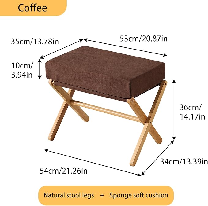 Folding Footrest Stool, Small Accent Ottoman with Thick Cotton Cushion & Bamboo X Legs, Modern Padded Sofa Stool for Makeup Bedroom Living Room (Brown)