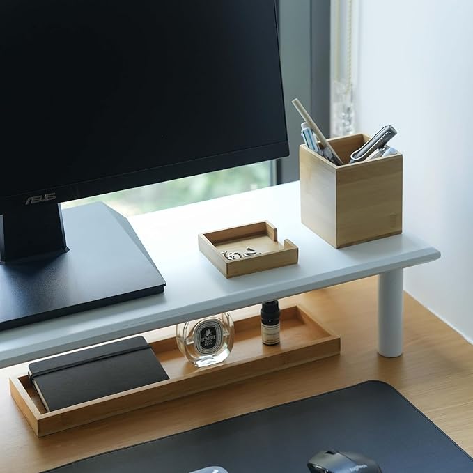 Bamboo Dual Monitor Stand Riser White, Desk Monitor Riser for 2 Monitors, Supports for PC Computer Monitor, Printer, Heavy TV Riser up to 300 lbs, White