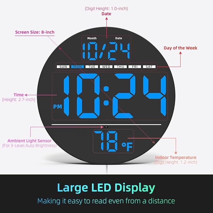 Digital Wall Clock with Large LED Display, Date, Temperature, Auto-Brightness | Small [PLUG-IN] Clock | Modern Electric Wall Clock for Bedroom, Classroom, Living Room, Home, Office, Farmhouse - Blue