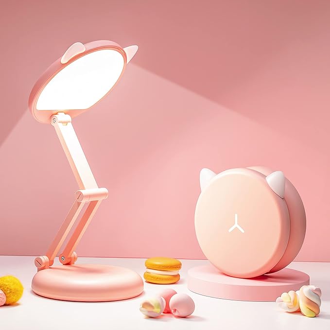 One Fire Cute Desk Lamp Pink Dorm Lamps for College Girls Foldable Portable Rechargeable Dimmable Cute Cat Lamp Kawaii Room Decor,College Dorm Decor for Girls Pink Classroom Essentials