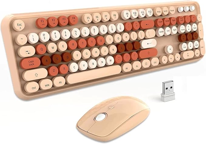 Wireless Keyboard Mouse Combo, 2.4GHz Typewriter Keyboard Wireless with 104 Cute Colorful Retro Round Keys, Letton Full Size Wireless Keyboard Mouse with 3 DPI for Computer PC Laptop-Brown