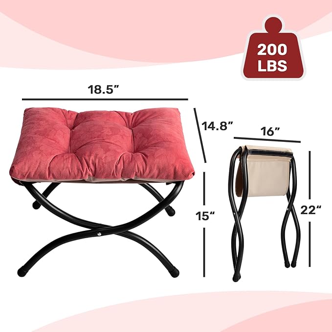 AbocoFur 15"(H) Folding Footrest Stool, Accent Padded Sofa Foot Stool for Lazy Chair, Upholstered Small Foldable Ottoman, Metal Frame Portable Foot Rest Ottoman for Living Room, Bedroom, Brick Red