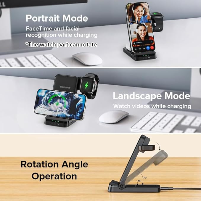 Wireless Charger, Tribone 3 in 1 Foldable Fast Charger for iPhone 16 15 14 13 12 11 Pro Max XR XS 8 Plus,for Multiple Devices，for Apple Watch 10 9 8 7 6 5 4 3 2 SE Ultra,for AirPods Pro 4 3 2, Black