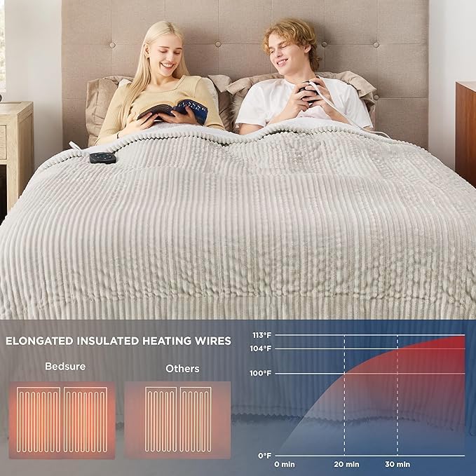 Bedsure GentleSoft Electric Blanket King Size - Soft Ribbed Flannel Heated Blanket with Dual Control, Heating with 10 Heat Settings & 10 Time Settings, 8 hrs Timer Auto Shut Off (90x100 inches, Cream)