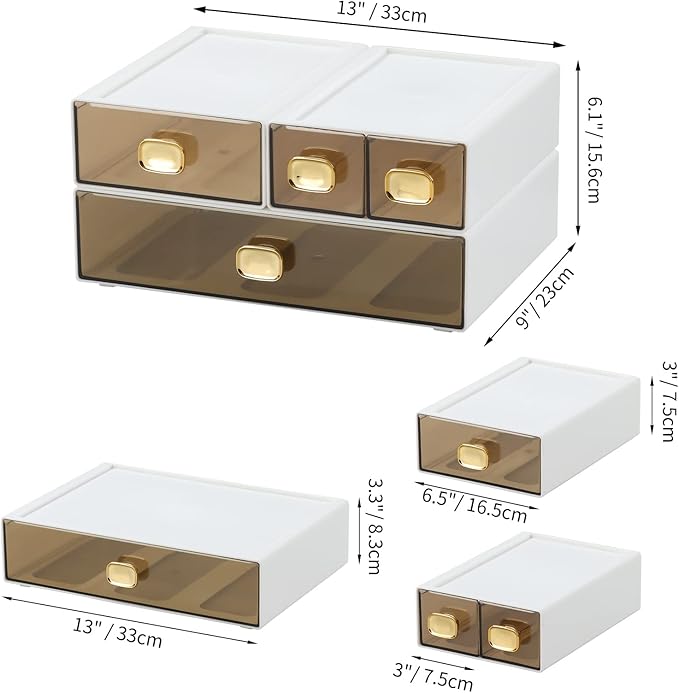 Spacious Desktop Storage Box, 1 Large 1 Middle & 2 Small Storage Drawers, Stackable Office Desk Drawer Organizer and Accessories, Printer Paper Organizer, White Plastic Drawers for Workspace