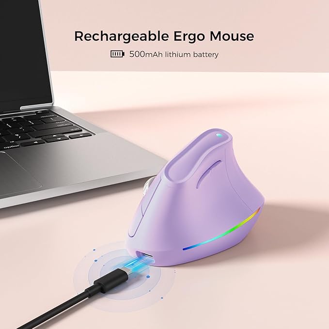 57° Wireless Ergonomic Mouse, Vertical Mouse, Carpal Tunnel Mouse, RGB Light, Rechargeable, Bluetooth & 2.4G, 5-level DPI Adjustment, Quiet Click Ergo Mice Compatible with PC, Laptop, Mac, Pueple