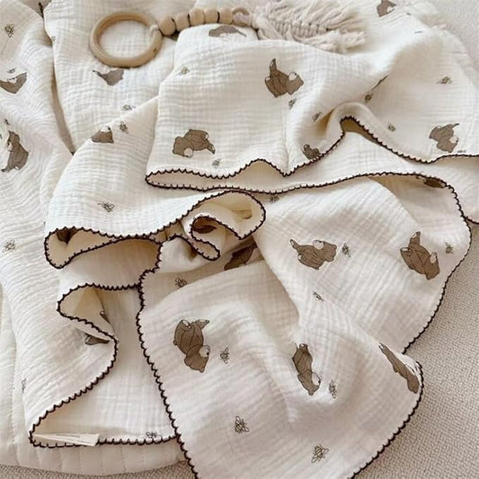 BuLuTu 47"x51" Large Toddler Girls Boys Blanket Muslin Cotton, Lightweight Soft Thin Summer Crib Quilt, Cute Animal Baby Blankets Newborn Infants Nursery Blanket, Bear Bee Pattern
