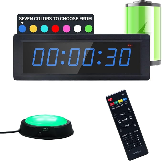 Gym Timer Clock with Remote Control & Wired Start/Stop Button,7 RGB Color, Programmable Interval Timer, Countdown/Up Stopwatch,Wall Clock for Home Gym Garage,Portable Training Accessories