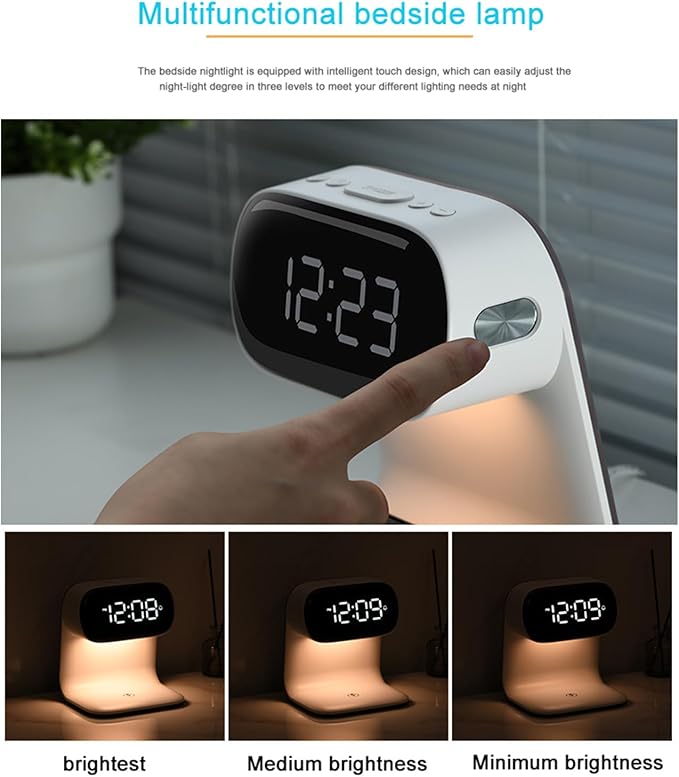 Digital Alarm Clock with Wireless Fast Charging Station 15W Touch Smart Lamp for Bedside,3 Colors Nightlight Adjustment Night Lamp for Living Room,Bedside,Heavy Sleepers (White+No Adapter)