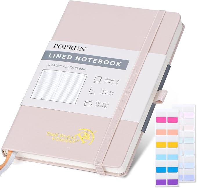 POPRUN Lined Journal Notebook for Women & Men, A5 Medium Size 5.25''x 8'', 120GSM Thick Paper, 128 Numberd Pages, Hardcover, Index Tabs, College Ruled Notebook for Work & Note Taking - Light Pink