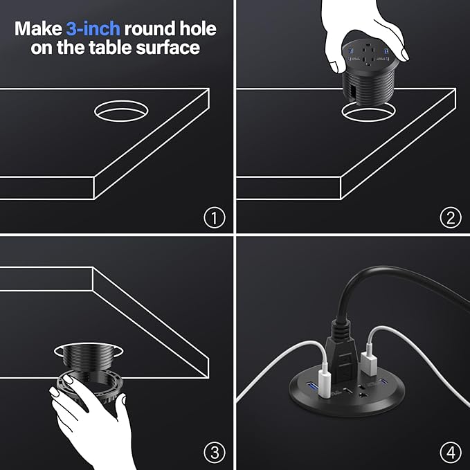 Jgstkcity Desktop Power Grommet, 65W USB C Fast Charging Port, Flush Mount Recessed Power Strip 3inch Hole,2 Outlets,4 USB Ports, Countertop Outlet (Black, 65W USB Port)