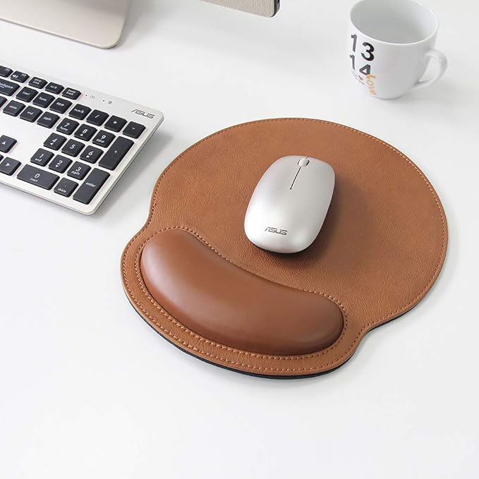 Mouse Pad Leather Wrist Rest Support, Ergonomic Memory Foam Mouse Wrist Rest Pad with Non Slip Rubber Base, Durable, Comfortable Mousepad for Computer Pain Relief at Home, Office, Work Travel, Brown