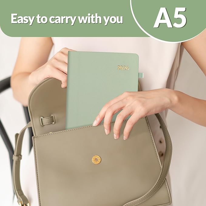 SUNEE 2026 Weekly & Monthly Hardcover Planner 5.5" x 8.3" - 12 Month (January 2026 - December 2026), Small Hardcover Planner, Pocket, Notes, 100 GSM Paper, Sage Green