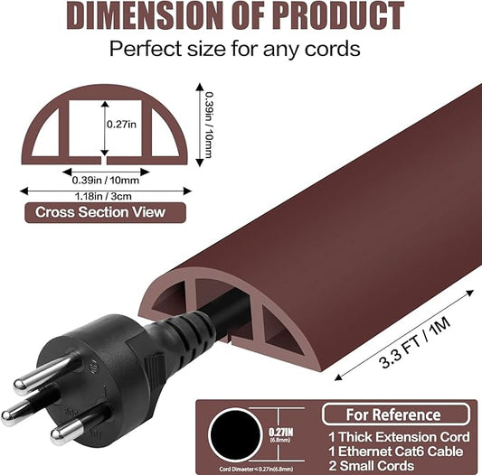Floor Cord Cover Self Adhesive Cord Hider,3.3FT Cable Management, Extension Strip Protector for Wires, Prevent Cable Trips for Offices, Gyms, Exhibitions Cavity:0.39"(W) x 0.27"(H) Coffee