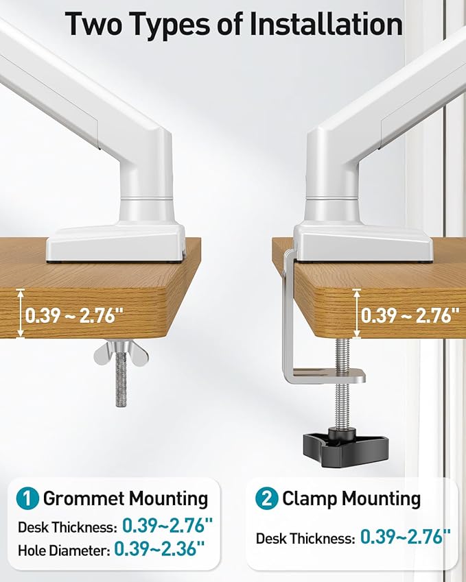 Single Monitor Arm Desk Mount Fits 13 to 32 inch Computer Screens, Holds 4.4 to 22lbs Display VESA Mount, Adjustable Monitor Stand with Clamp/Grommet Mounting Base, 75/100mm Bracket, White, Freelift