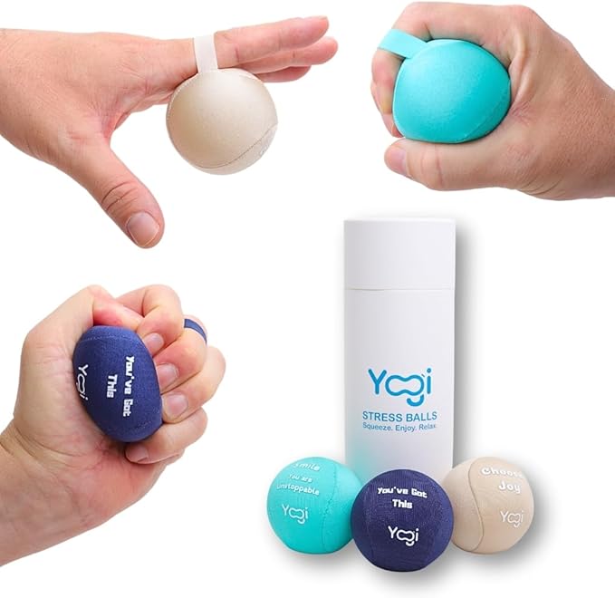 Yogi Stress Ball with Finger Grip Strap – Squeeze Ball for Anxiety Relief & Hand Therapy – Grip Strength Trainer for Adults & Kids, Fidget Toy for Stress Relief, Squishy Sensory Ball