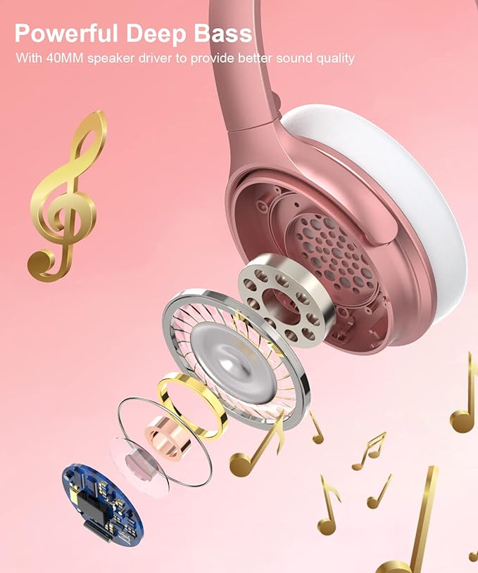INFURTURE Rose Gold Active Noise Cancelling Headphones with Microphone Wireless Over Ear Bluetooth Headphones, Deep Bass, Memory Foam Ear Cups, Quick Charge 90H Playtime, for Travel/Sports/Audiobooks