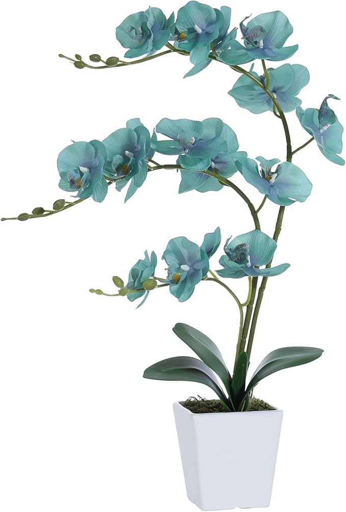 Faux Orchid in Vase Large Artificial Orchid in Ceramic Vase Teal Silk Orchids with Stems Real Look Potted Fake Flowers Arrangement Centerpiece Table Decorations for Home Decor Indoor, Golden Blue