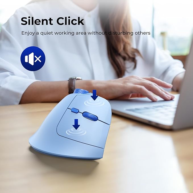 seenda Ergonomic Mouse Rechargeable, USB+Dual Bluetooth, MOU-302 Vertical Wireless Mouse with Volume Knob, Quiet Clicks, Multi-Device Cordless Mice Compatible for Windows, PC, Laptop, Mac OS, Blue