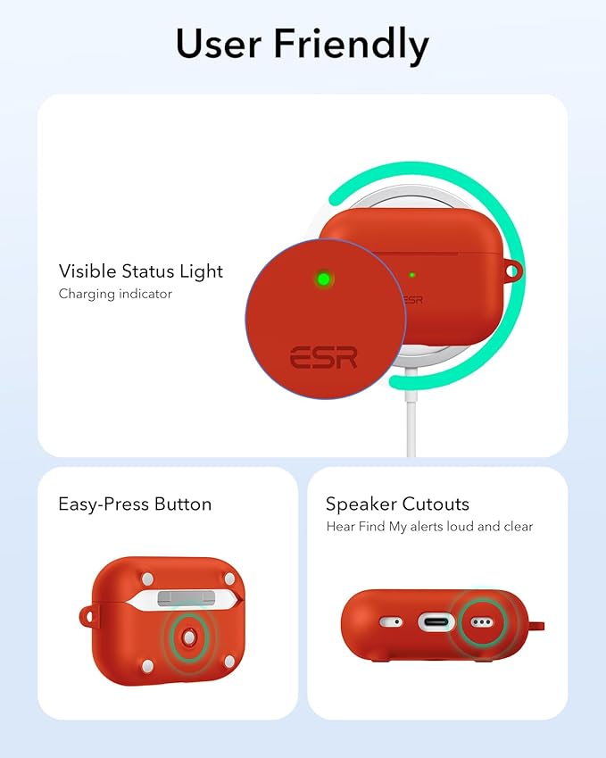 ESR for AirPods Pro 2 Case, Compatible with Airpods Pro 2nd Generation Case (2023/2022/2019), Compatible with MagSafe, Magnetic Lid Lock, Full Drop Protection, Red