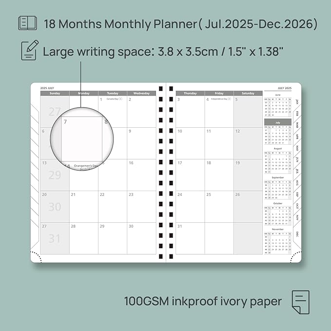 POPRUN Monthly Planner 2025-2026 Spiral Bound (6.5" x 8.5") 18 Months Calendar (Jul 2025 - Dec 2026) - 4 Pages per Month with Monthly Expense & Notes, Sunday Start, Leather Cover - Burgundy