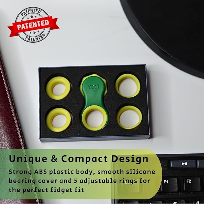 Yogi Fidget Toy – Silent Sensory Spinner for Adults & Kids – Stress Relief Fidgets for ADHD, Anxiety – Fidget Toys for Adults – Includes 5 Finger-Fit Rings – Work, School & Travel – Lime