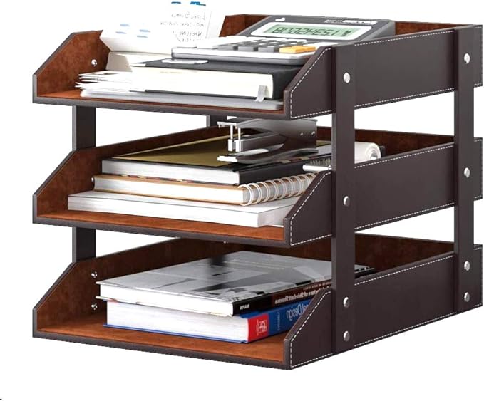Leather Desk Organizer, NIFIVE 3-Tier Stackable Document Tray, Perfect Desktop Organization Holder for Files, Folder, Stationery, Magazine, Newspaper, Mail, Office Supplies (Brown)