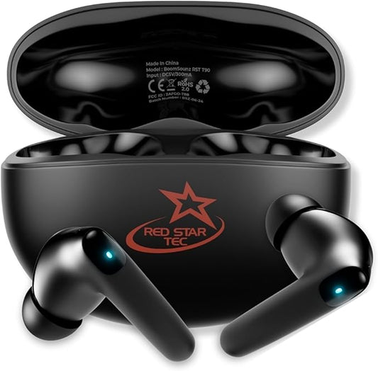 T-90 BoomSounZ Sweatproof Wireless Earbuds – ENC Noise Cancelling Ear buds with Dual Mode for Music & Gaming, Deep Bass Touch Controls, Fast Charging Long Battery Life, Secure Fit for Workouts & Calls