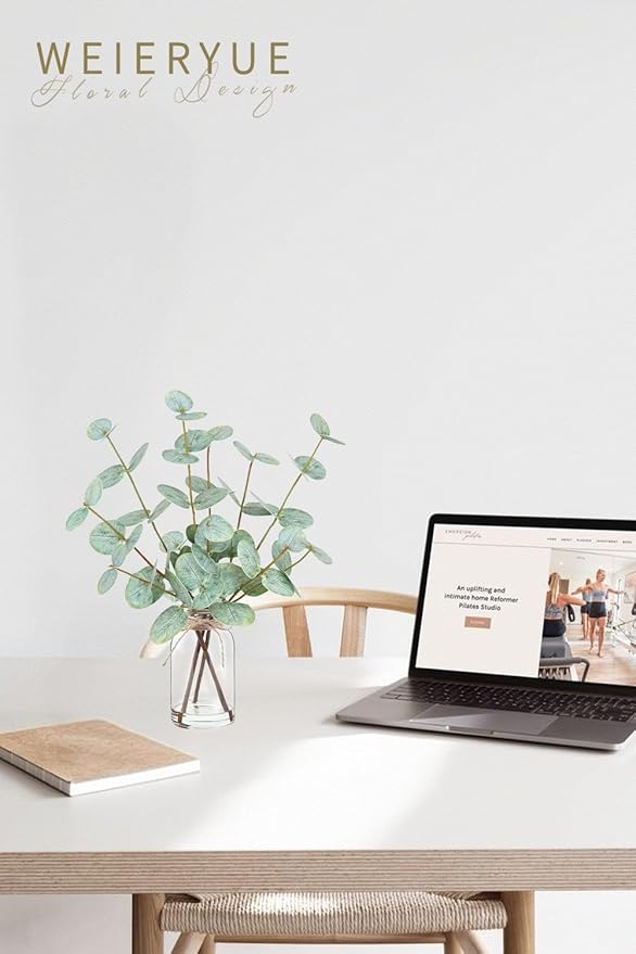 Artificial Eucalyptus Stems in Glass Vase with Faux Water,Artificial Plants Eucalyptus Leaves for Shelf Desk Bathroom Farmhouse Room Coffee Table Home Decor, Central Decoration.