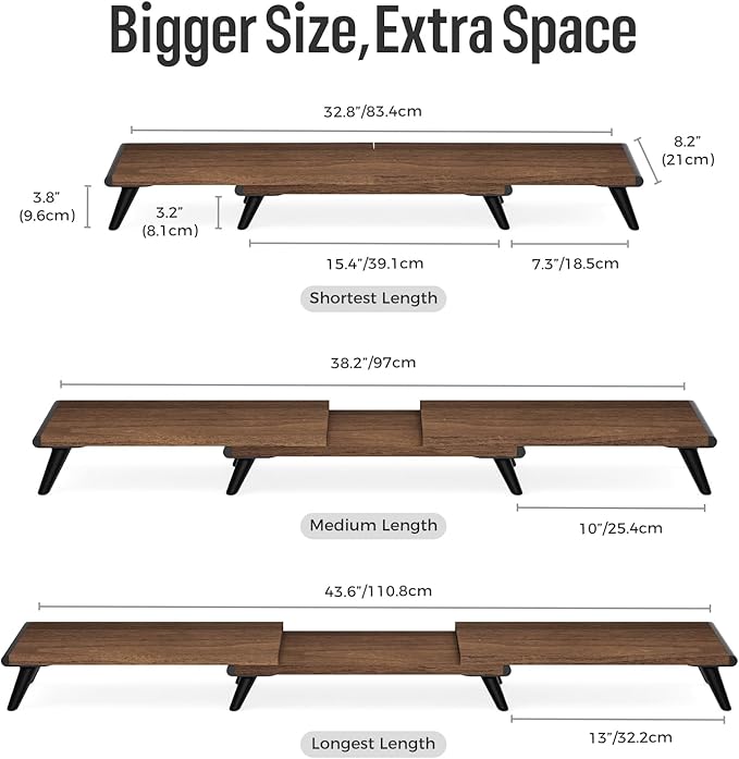 loukin Dual Monitor Stand Riser for Desk, 43.6"*8.2"*3.2" Large Computer Stand for 2 Monitors, Laptop, Printer, Length and Angle Adjustable Computer Shelf, Home Office,Max 43.6" Length(Brown)