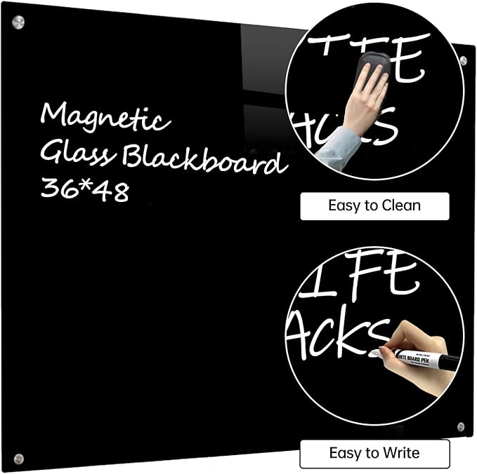 Glass Black Board Magnetic Dry Erase Board - Black Board 48 x 36 Inches Wall Mounted Glass Blackboard, Large Frameless Glass Black Board for Wall Office, Home & School