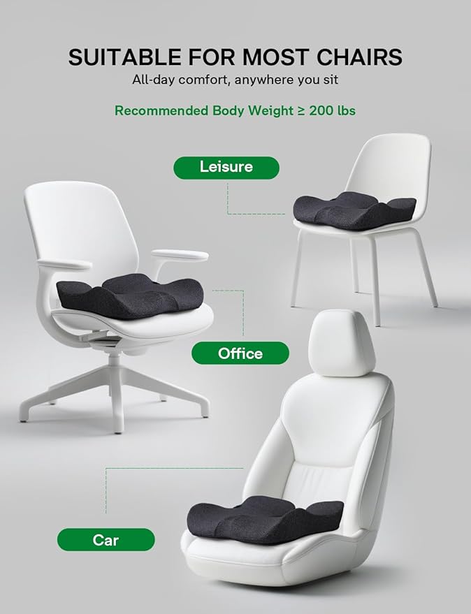 Seat Cushion, SC 150B Seat Cushions for Office Chairs, Car Seat, Wheelchair - Sciatica & Tailbone & Coccyx Pain Relief Pillow for Driver Sedentary People（Size:19.6 * 16.6 * 3.7 in-Black）