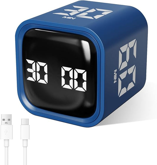 GuDoQi Multi-Function Cube Timer, 5/10/30/60 Min & Custom Count Down, Included Pause & Resume Feature, Silent, Vibrate & Adjustable Sound Alarm for Productivity in Tasks,Study & Kitchen, Classic Blue
