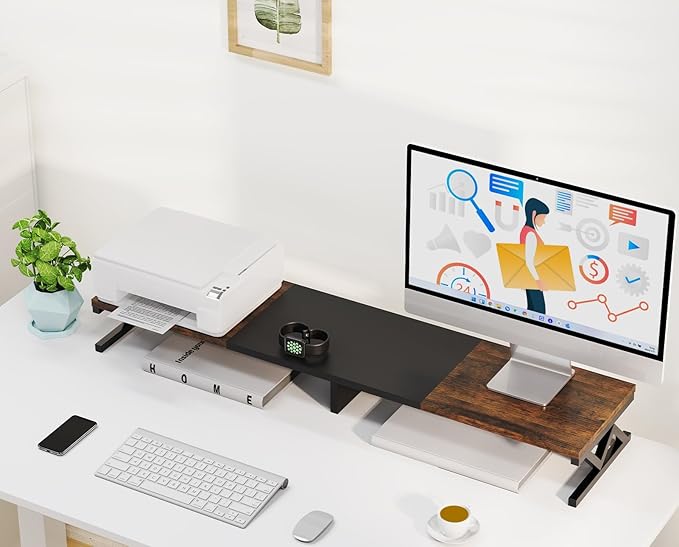 Dual Monitor Stand Riser, Large Wood Monitor Riser for 2 Monitors, Monitor Lift with Storage for Desk, Sturdy Wood&Steel Multi Screen Stand, Desktop Organizer Monitor Stand for Computer