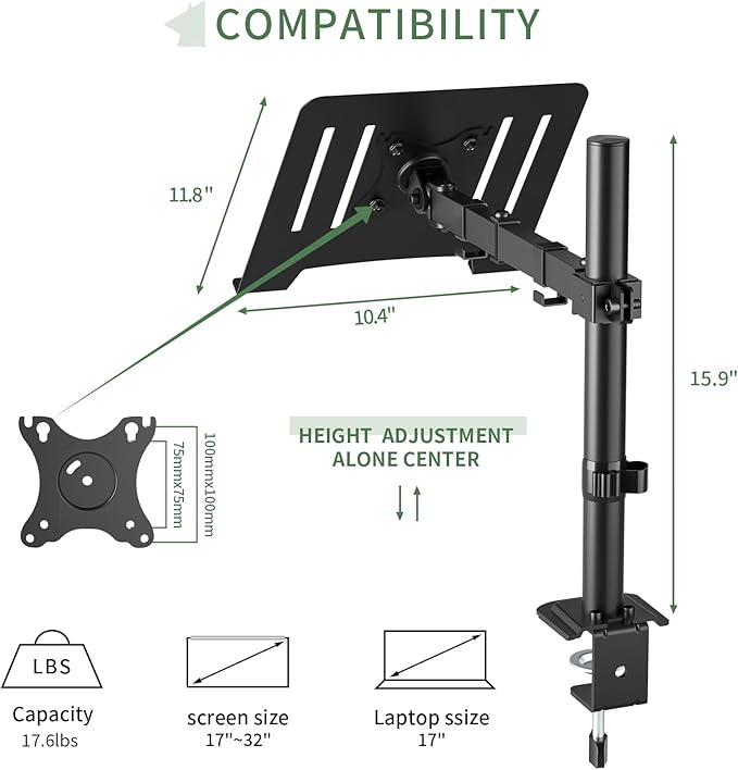 Laptop Desk Mount, Single Laptop Stand Arm with Vented Tray for 17 inch Notebook or 14”-32” Monitor, Holds up to 17.6 lbs, Fully Adjustable, Clamp/Grommet Mounting, VESA 75/100mm