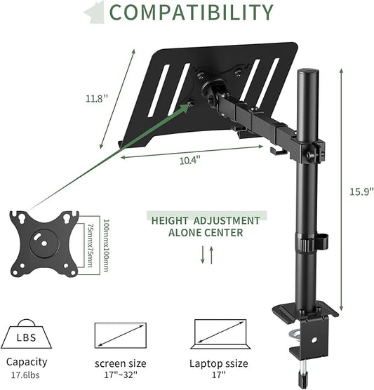 Laptop Desk Mount, Single Laptop Stand Arm with Vented Tray for 17 inch Notebook or 14”-32” Monitor, Holds up to 17.6 lbs, Fully Adjustable, Clamp/Grommet Mounting, VESA 75/100mm
