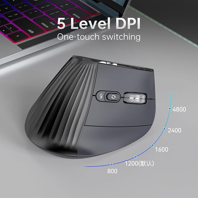 Ergonomic Vertical Mouse Wireless, Bluetooth Ultra-Fast Scrolling 4800 DPI Rechargeable Ergo Mouse, 2.4G Quiet Clicks 6 Buttons RGB Optical Mice, 3 Multi-Device Connectivity for Mac, Laptop - Black