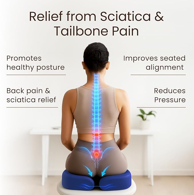 Sleepavo Navy Blue Memory Foam Seat Cushion for Office Chair - Pillow for Sciatica, Coccyx, Back, Tailbone and Lower Back Pain Relief - Orthopedic Chair Pad Lumbar Support in Office, Car, Airplane