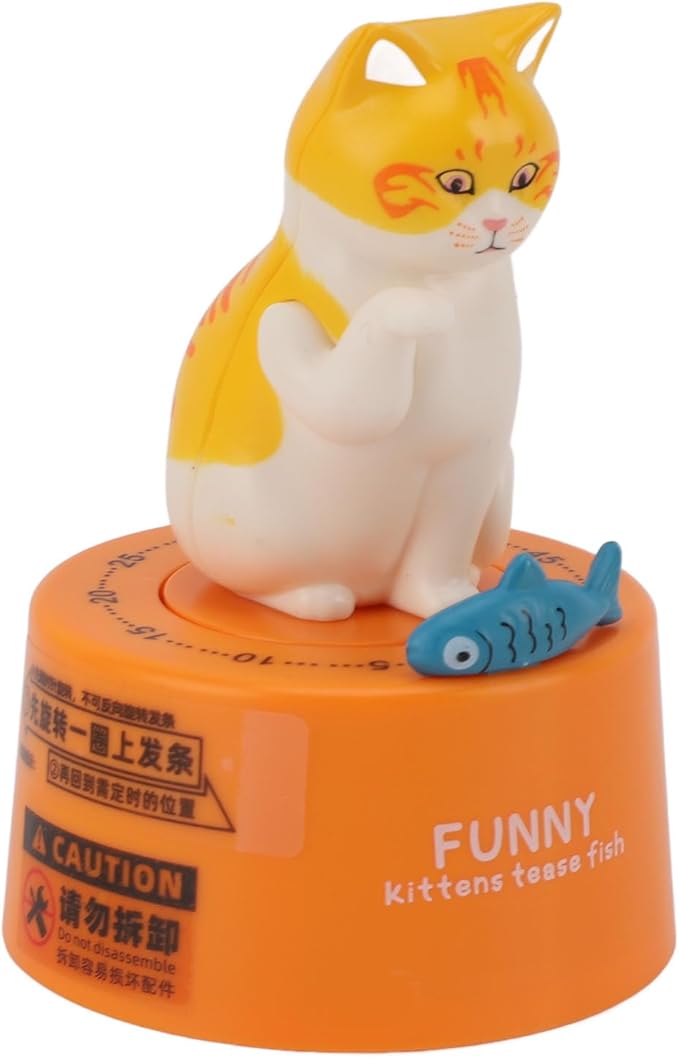 Mechanical Countdown Timer, 60 Minutes Mechanical Kitchen Timer Eco Friendly Loud Alarm Magnetic Base Cute Animal Shape for Kitchen (Kitten with Orange Base)