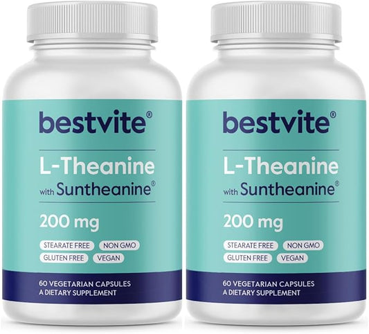 BESTVITE Double Strength Suntheanine L-Theanine 200mg – Patented & Clinically Studied – 120 Vegetarian Capsules (2 x 60) – Vegan – No Stearates – Non GMO – Gluten Free – Relaxation Support